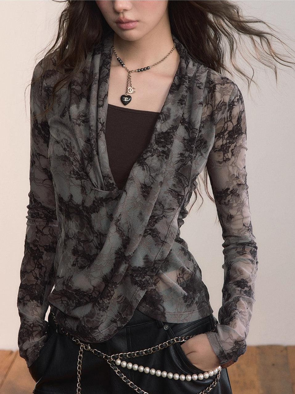 Sheer Lace Draped Crossover Blouse