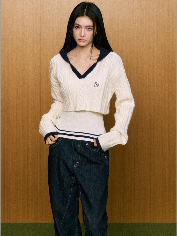 True Two-Piece Contrast Design Hooded Crop Sweater