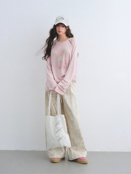 Lyocell Wool-Blend Raglan Sleeve Lace Hem Printed T-Shirt