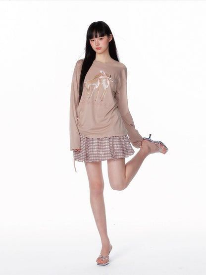 Asymmetric Deer Print Crystal-Embellished T-Shirt
