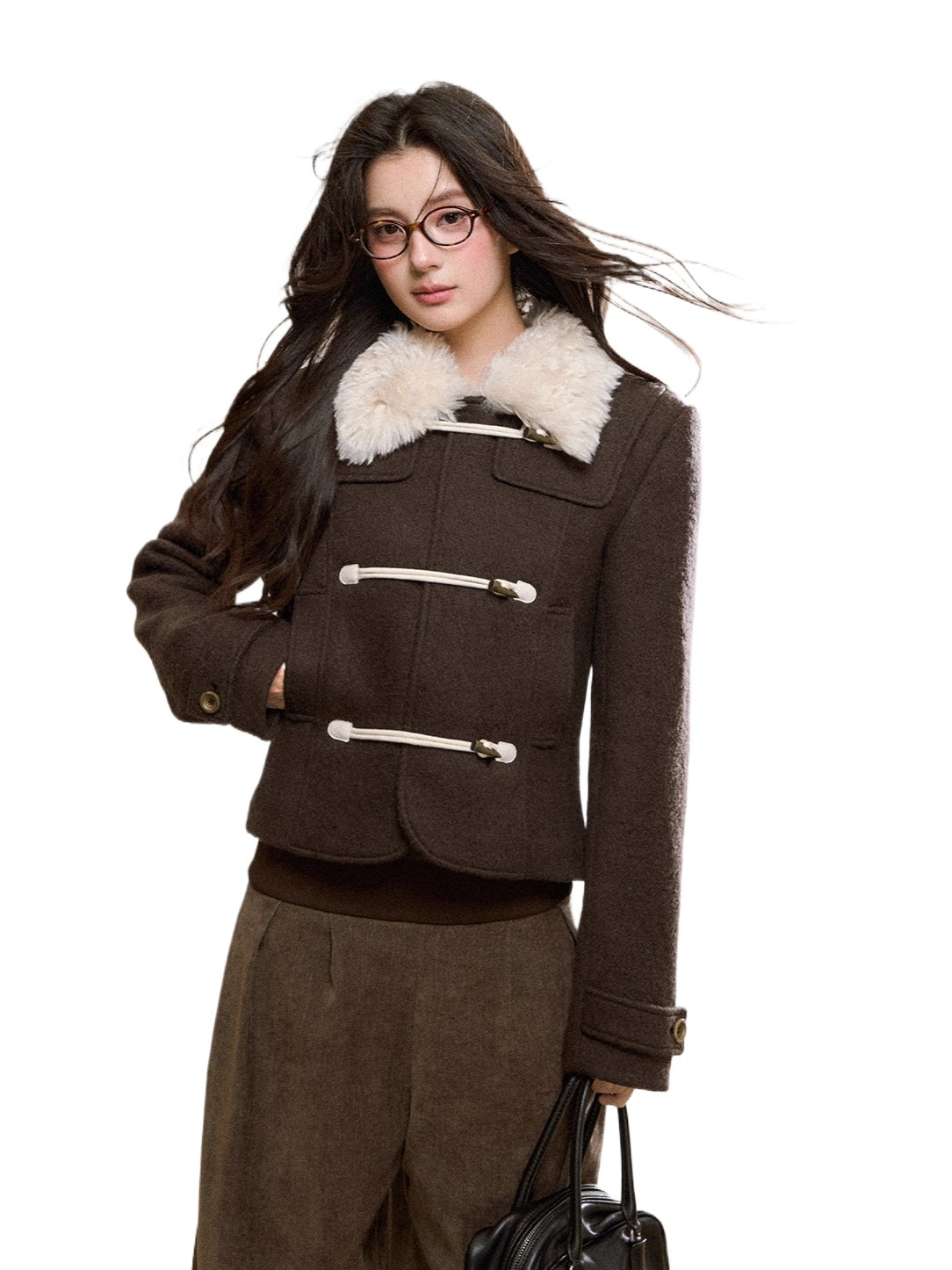 Brown Wool-Blend Toggle Cropped Jacket