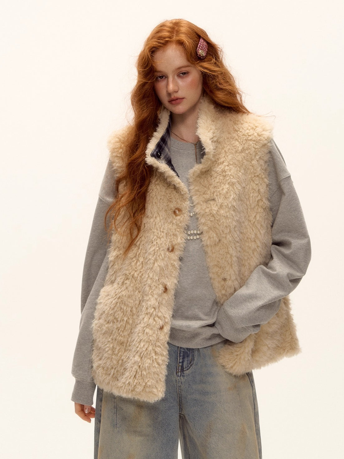 Reversible Plaid Fleece Button-Up Vest