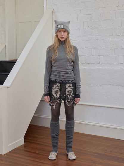 Cat Print Distressed Knit Mini Skirt