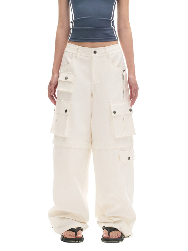 Loose-Fit Multi-Pocket White Casual Pants