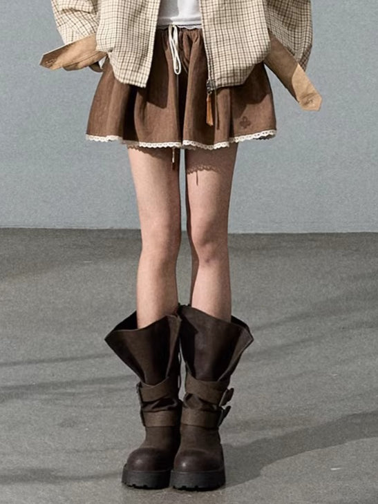 Vintage Petal-Tie Mid-Calf Leather Boots