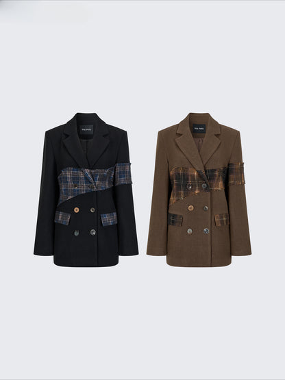 Wool Plaid Patchwork Mid-Length Coat