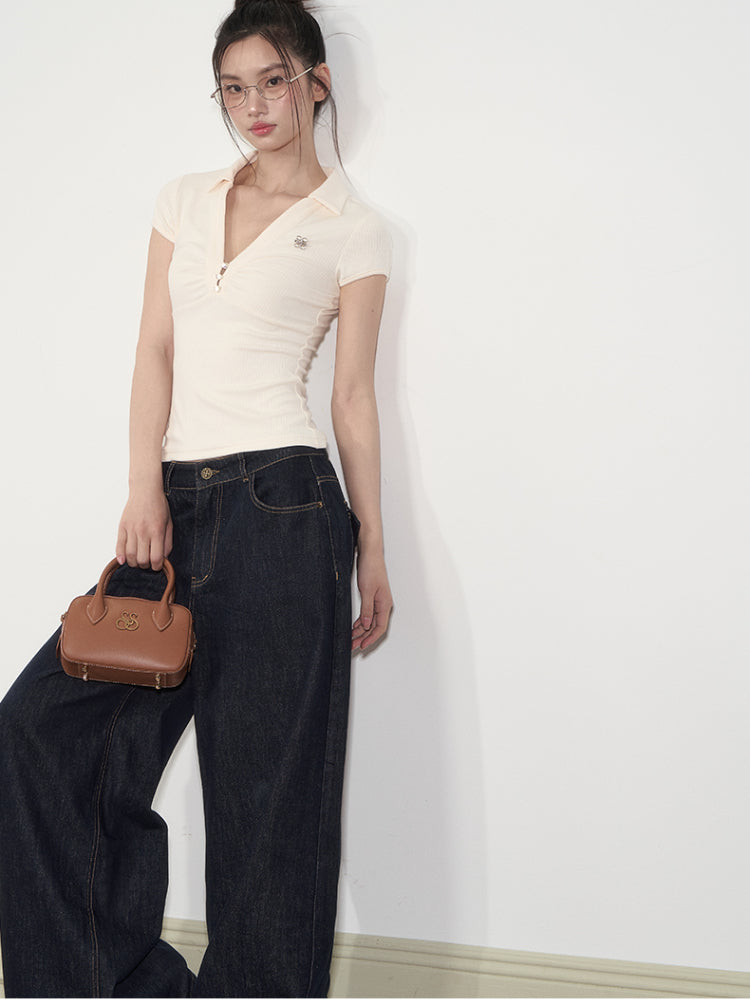 Pleated Checkered Polo V-Neck T-shirt