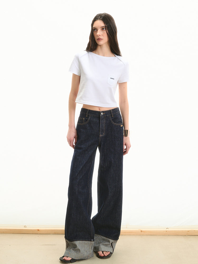 Cuffed Mid-Rise Straight-Leg Denim Jeans