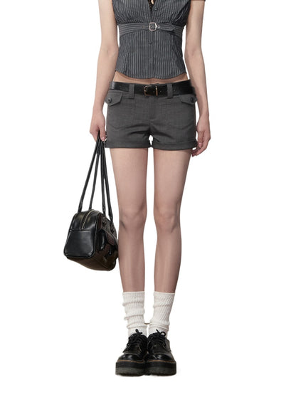 Grey Patch-Pocket Low Waist Suit Shorts