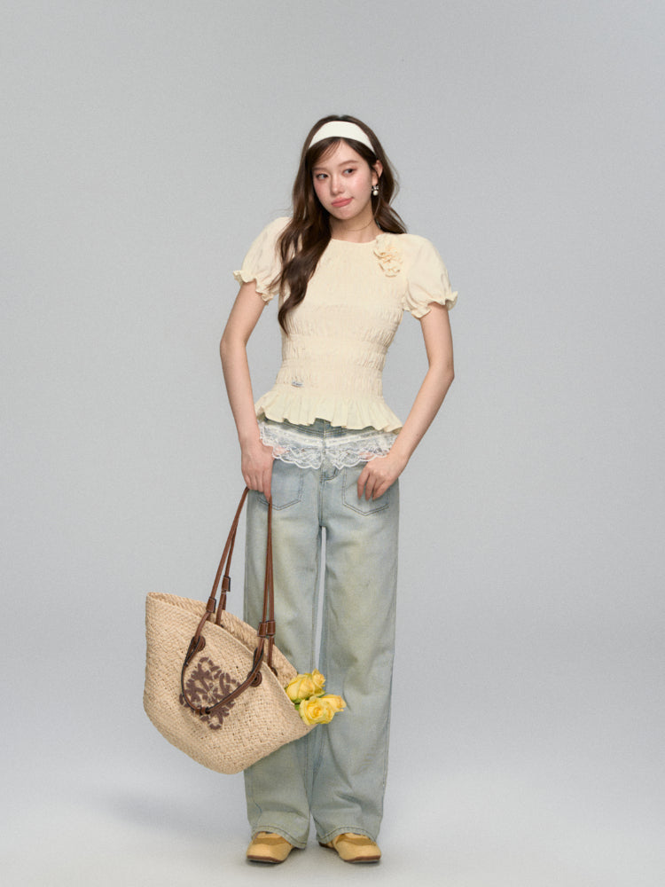 Lace-Trimmed Washed Straight-Leg Jeans Set - CHINASQUAD