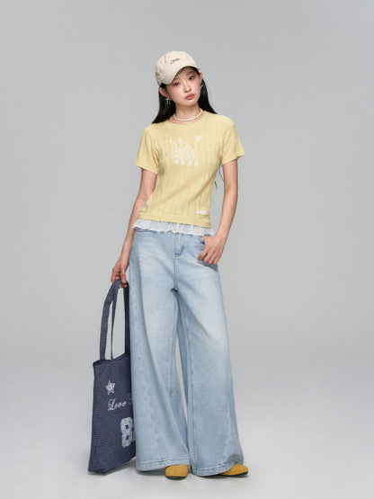 Dog Embroidered Cable Knit T-shirt