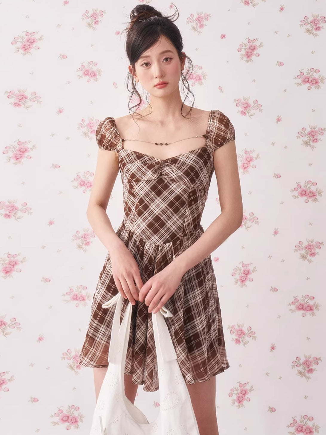 Vintage Plaid Puff Sleeve A-Line Mini Dress