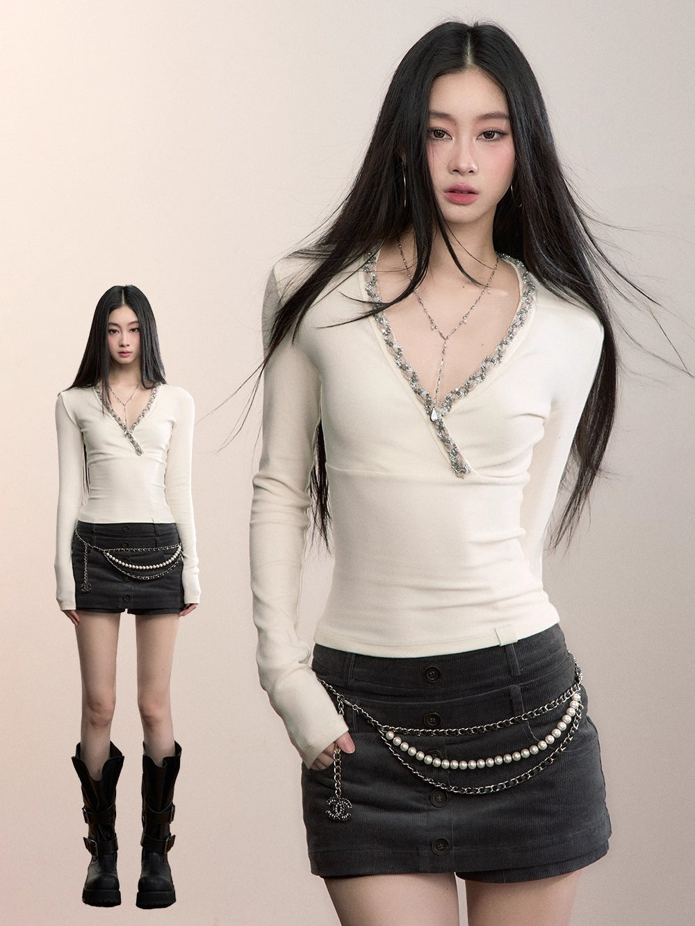 V-Neck Panelled Knit Long-Sleeve T-Shirt