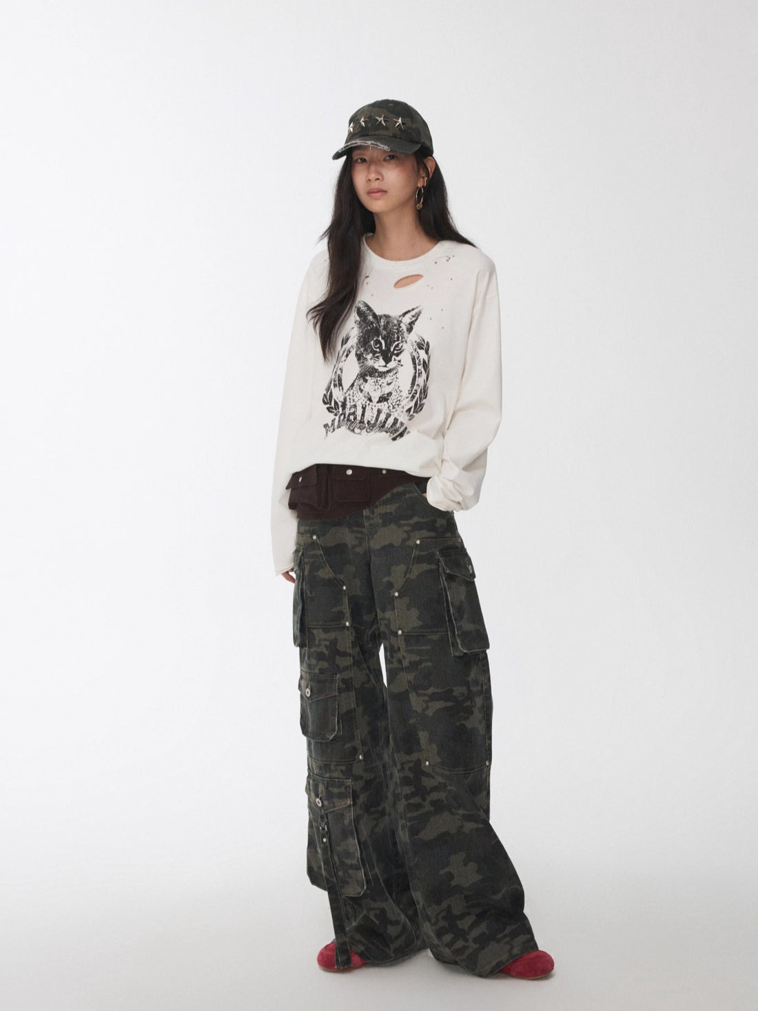 Washed Camouflage Multi-Pocket Cargo Wide-Leg Pants
