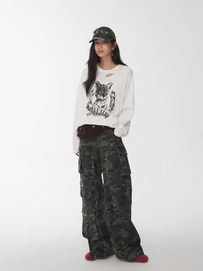 Washed Camouflage Multi-Pocket Cargo Wide-Leg Pants