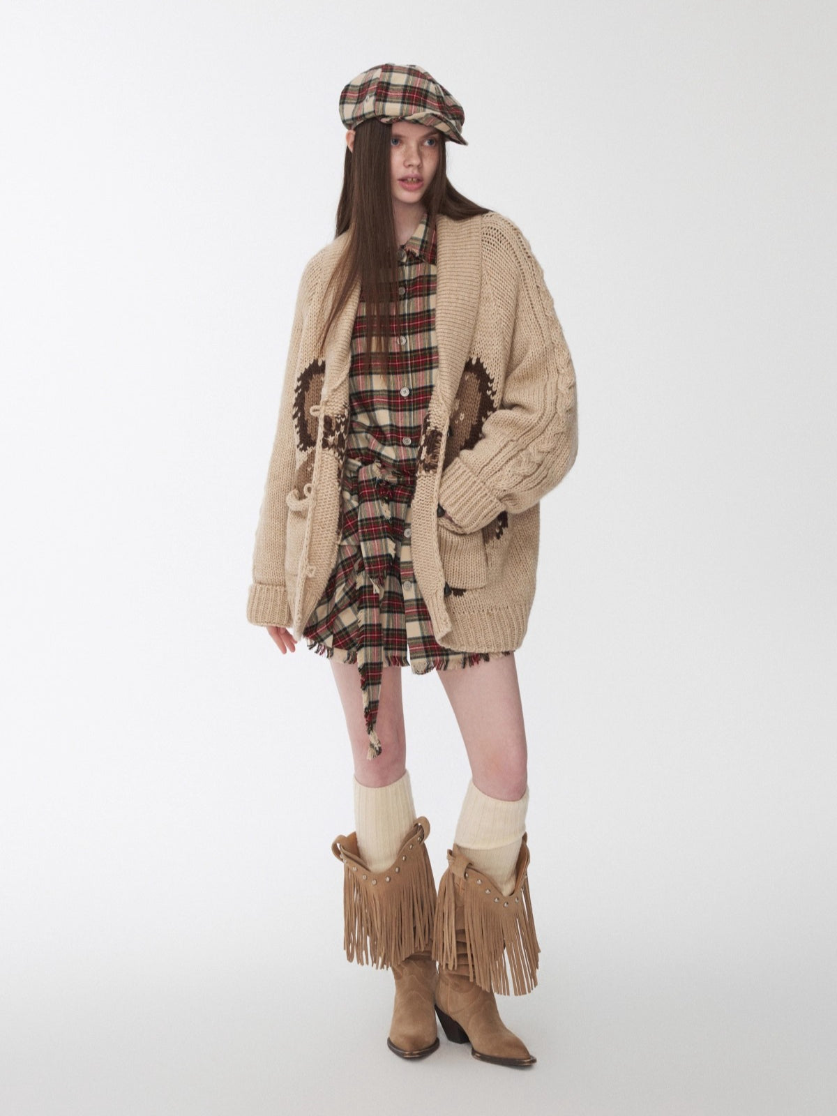 Vintage Red Plaid Frayed-Edge Utility Shirt Dress