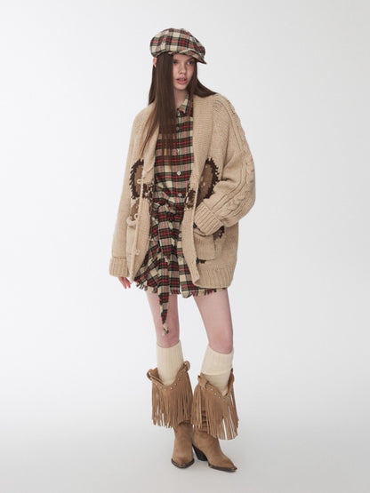 Vintage Red Plaid Frayed-Edge Utility Shirt Dress