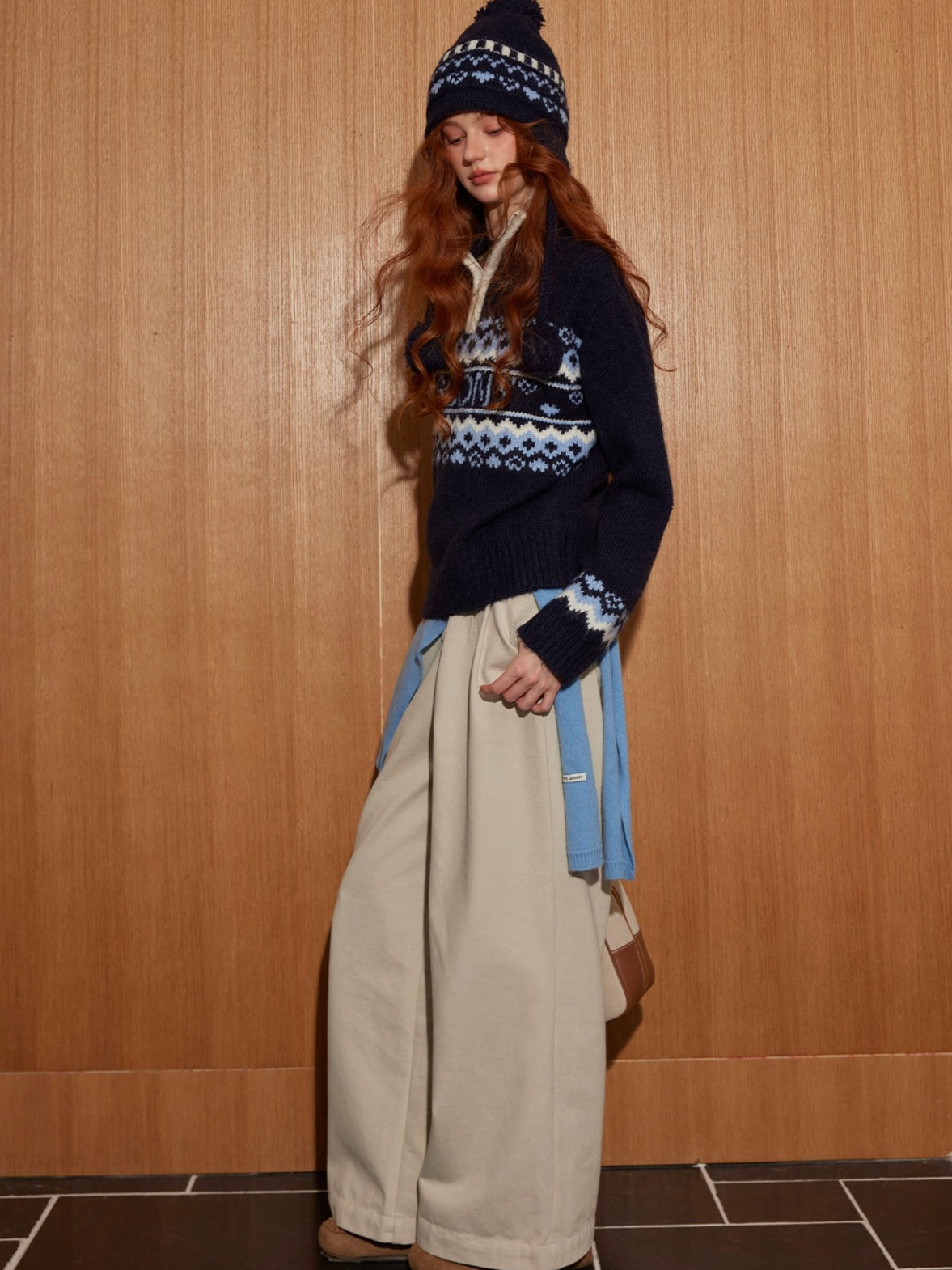 Fair Isle Heart Zip-Up Matching Hat Knit Sweater
