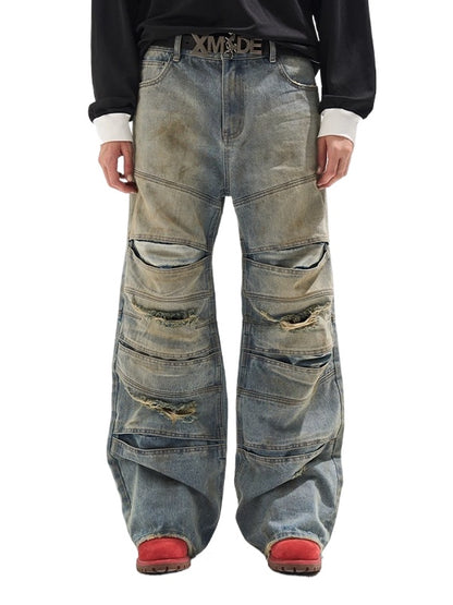 Layered Distressed Washed Loose Fit Denim Jeans