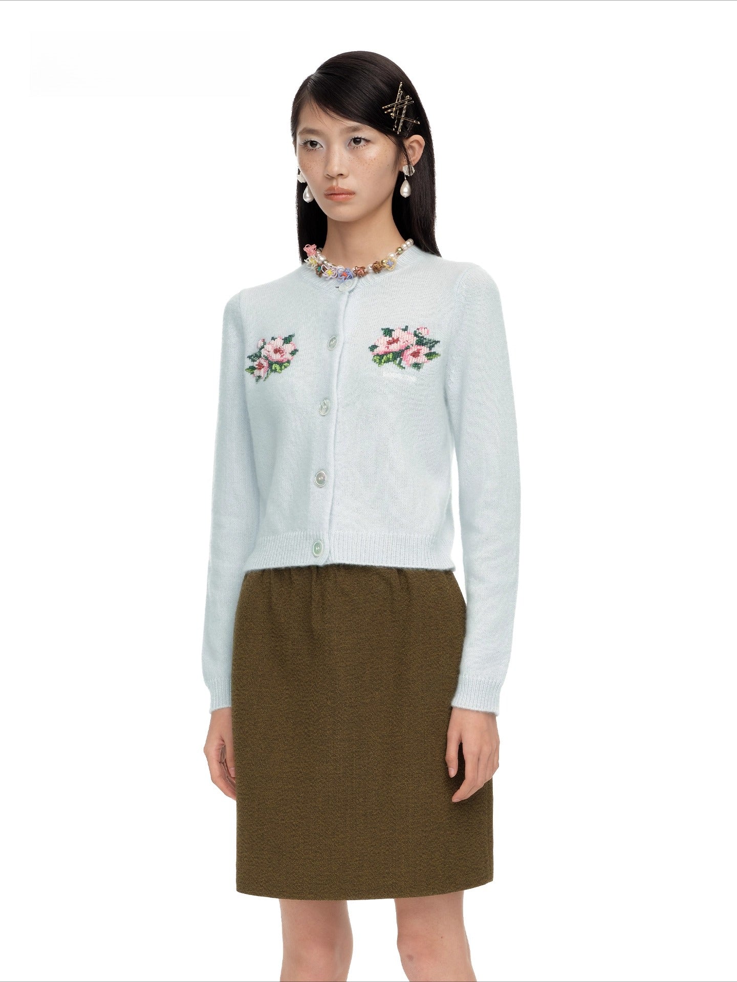 Embellished Wool-Cotton Round-Neck Knit Cardigan - CHINASQUAD