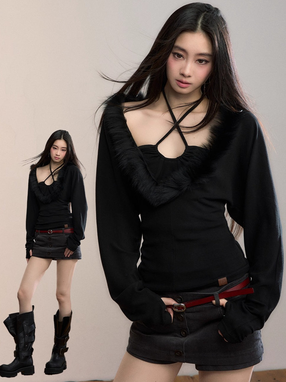 Fox Fur Panel Layered Knit V-neck