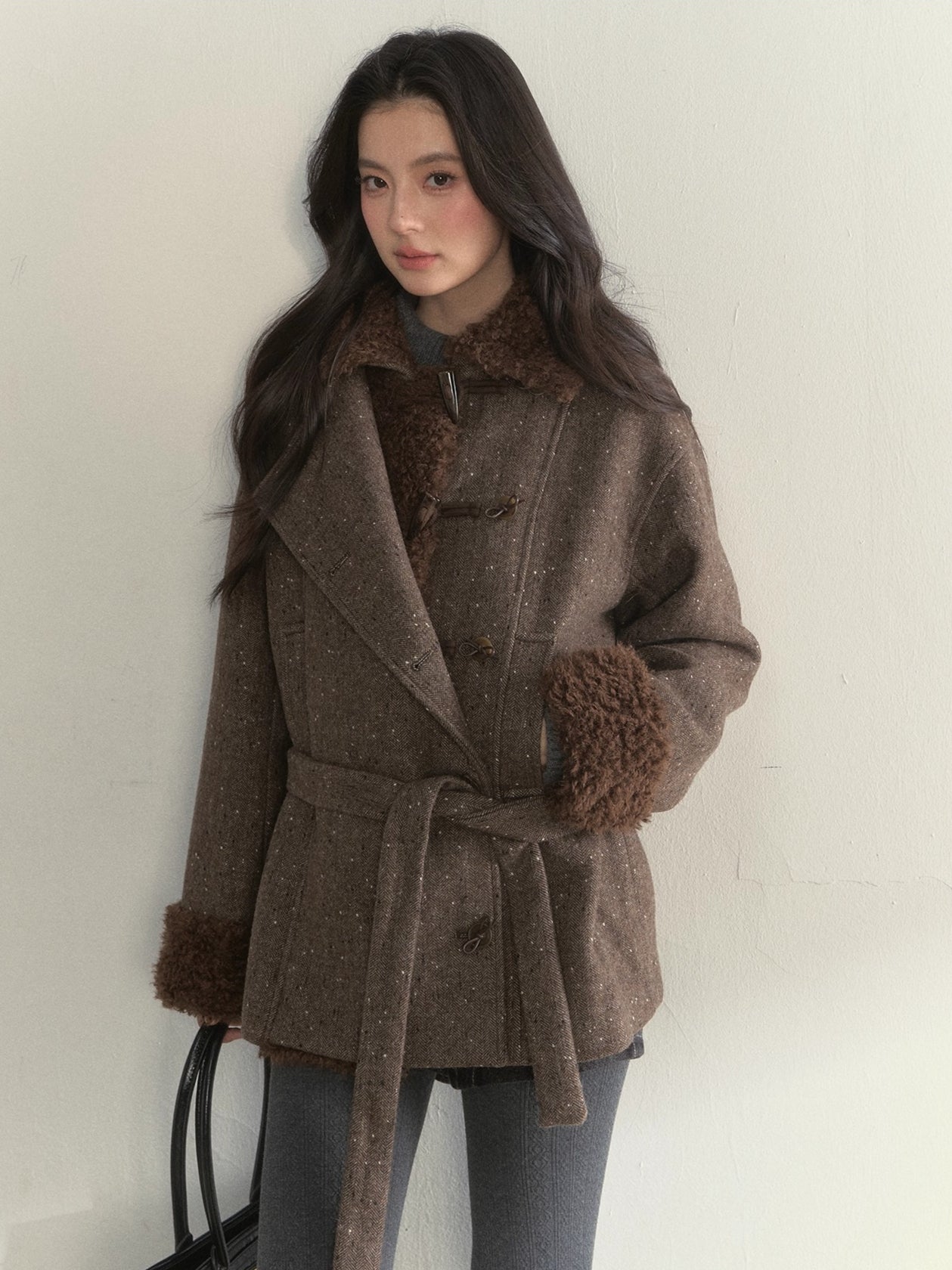 Deep Grey &amp; Brown Wool Blend Fleece-Collar Coat