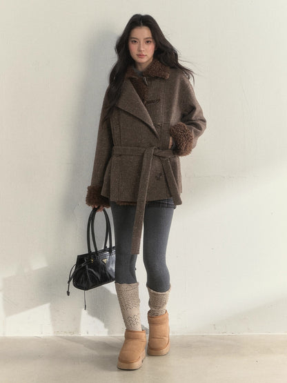 Deep Grey &amp; Brown Wool Blend Fleece-Collar Coat