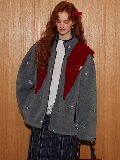 Floral Embroidered Plaid Fleece Oversized Jacket