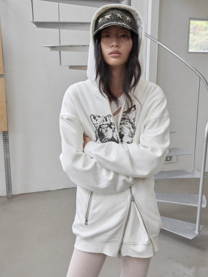 Cat Print Double-Zip Convertible Hoodie