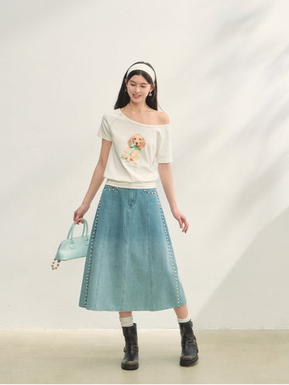 Asymmetric Shoulder Bow Puppy Printed T-Shirt - CHINASQUAD