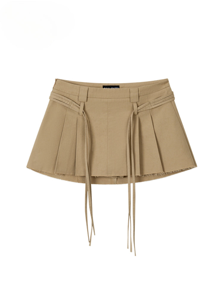 Double-layer Belt-loop Tied Pleated Skirt