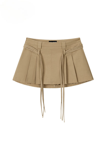 Double-layer Belt-loop Tied Pleated Skirt