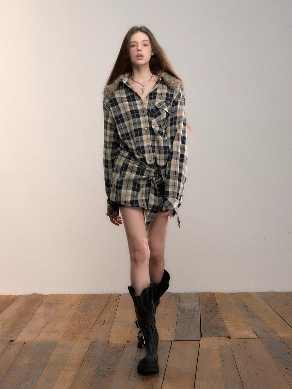 Plaid Detachable Fur Collar Two-Piece Shirt Set
