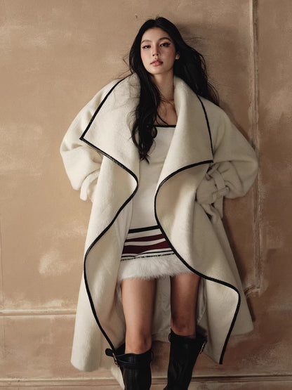 Wool-Blend Long Coat &amp; Striped Slip Dress Set