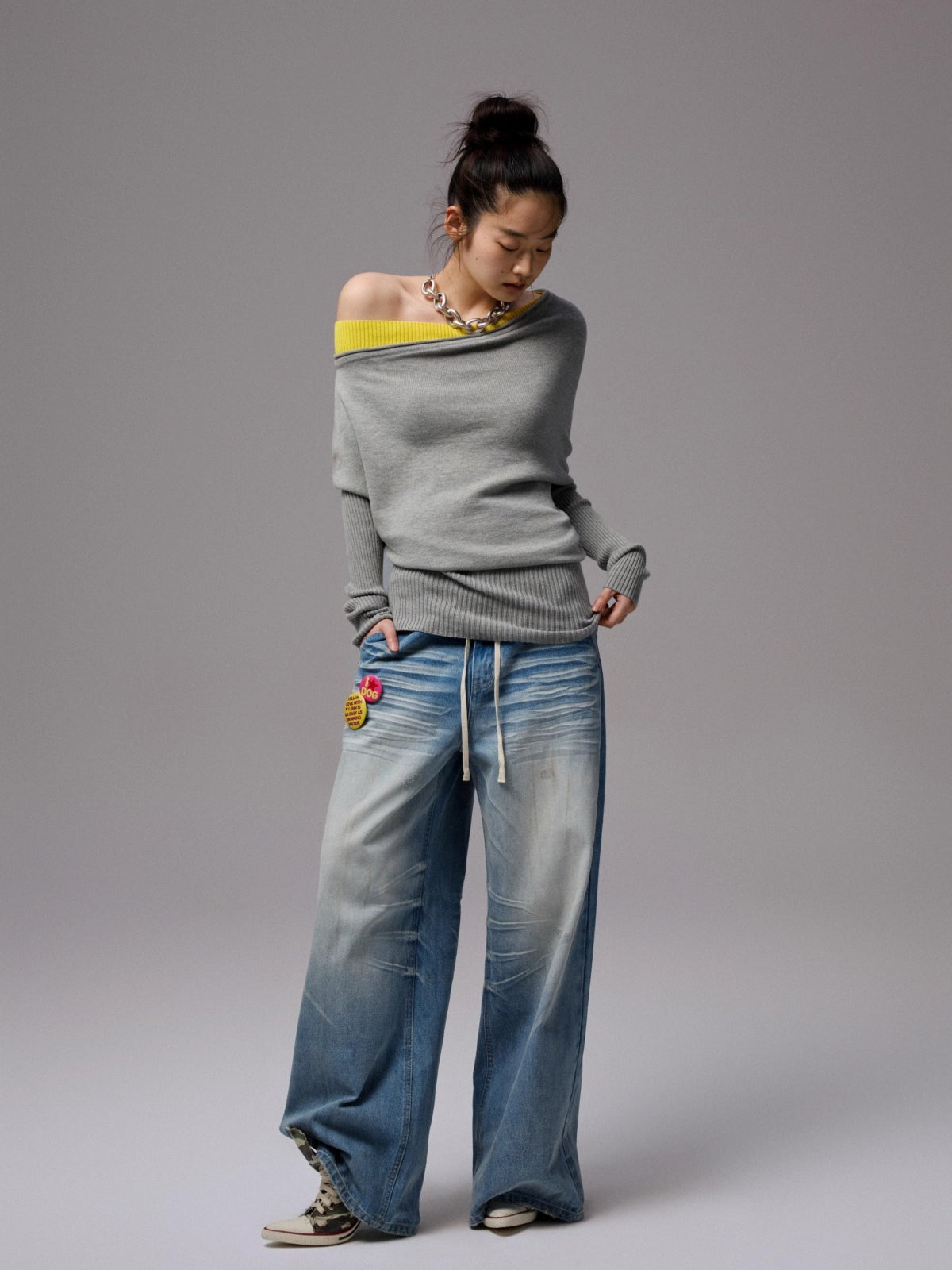Asymmetric Contrast Knit Dress