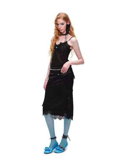 Asymmetric Satin Midi Skirt with Lace Trim