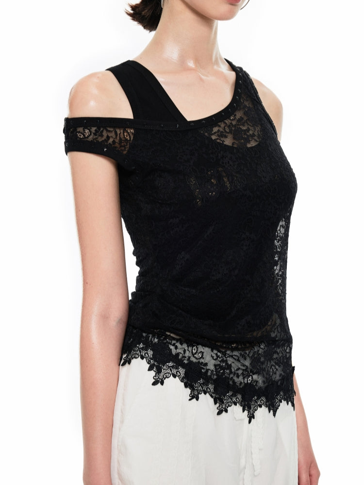 Black &amp; White Asymmetric Lace Layered Tank Top