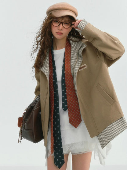 Plaid Splicing Stand Collar Windbreaker Jacket