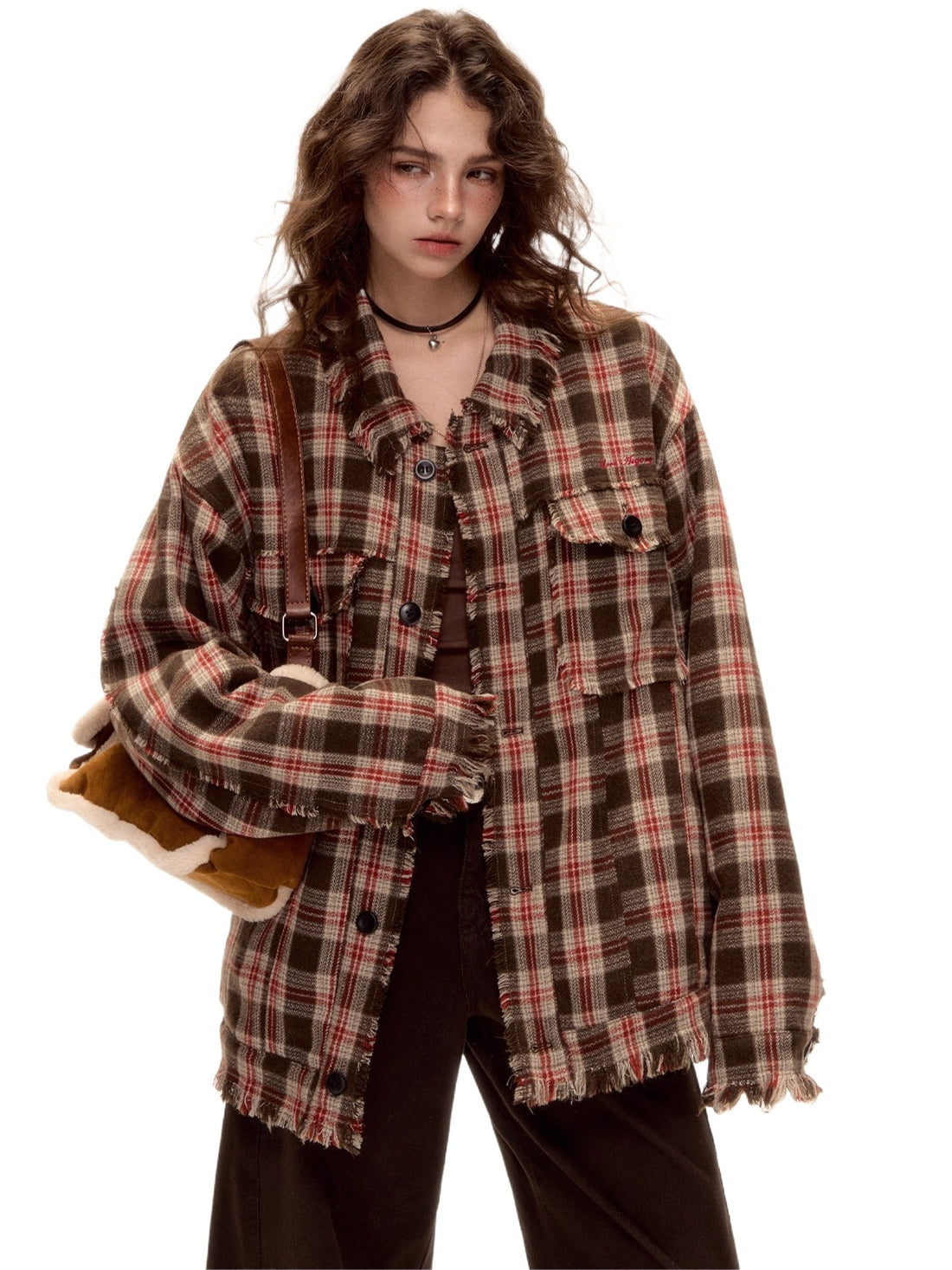 Wool Blend Checkered Contrast Fringe Shirt