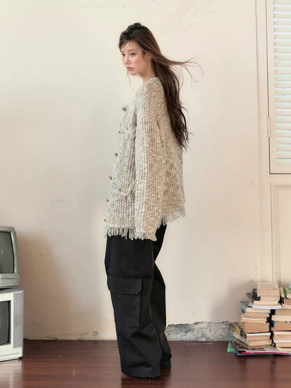 Frayed Edges Wool Mid-Length Knit Cardigan