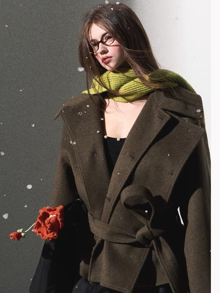 Waist-Defining Silhouette Stand-Collar Wool Coat