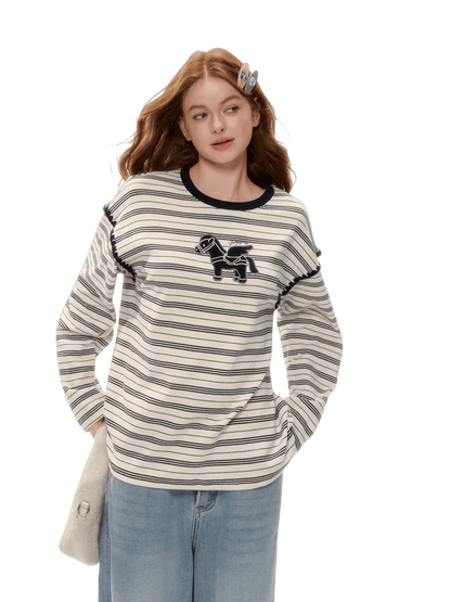 Contrast Stripe Crewneck Long-Sleeve T-Shirt