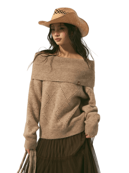 Diamond Openwork Cold-Shoulder Knit Sweater