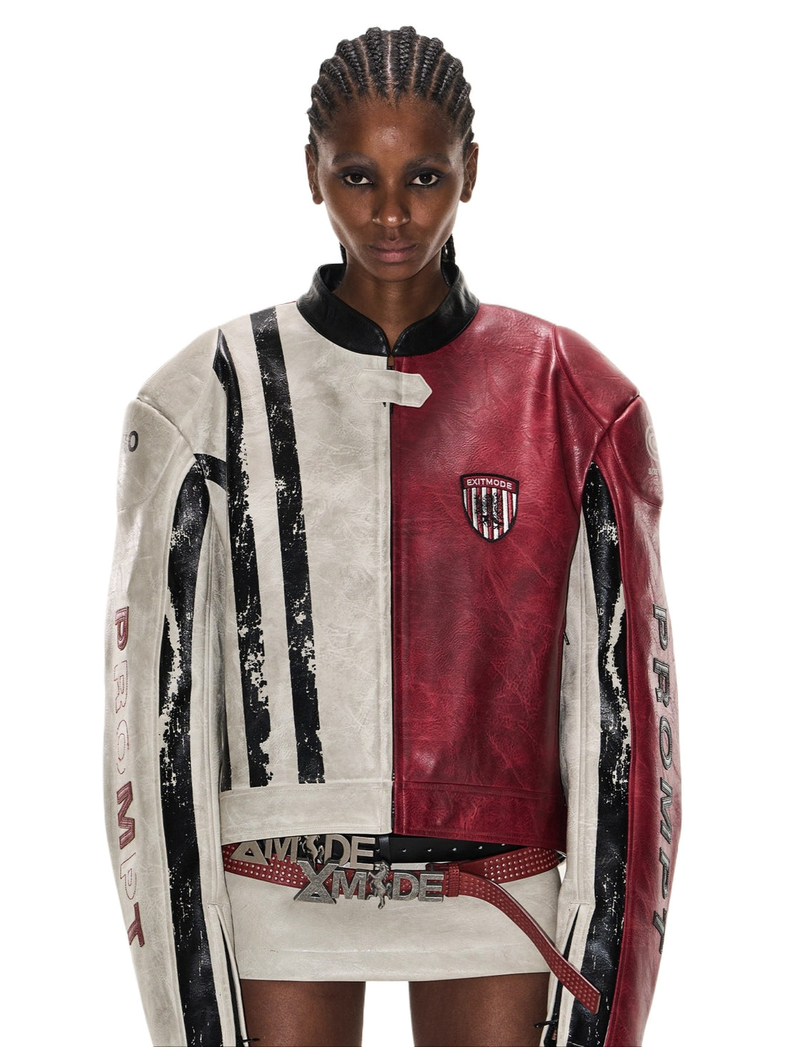 Distressed Contrast Leather Sports Jacket