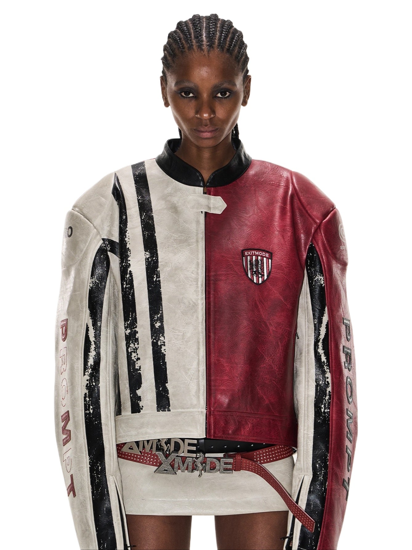 Distressed Contrast Leather Sports Jacket