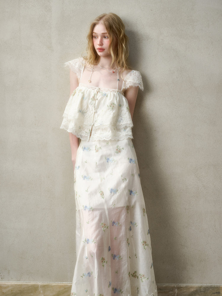 Lace Embroidery Flower French - Style Shirt &amp; Skirt Set