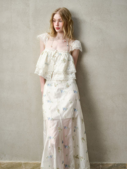 Lace Embroidery Flower French - Style Shirt &amp; Skirt Set