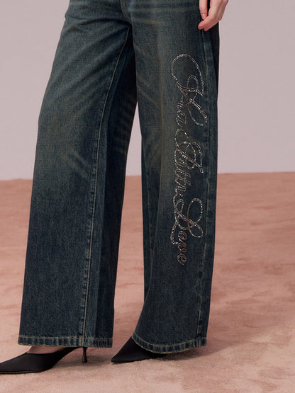 Embellished Rhinestone Vintage Wide-Leg Jeans