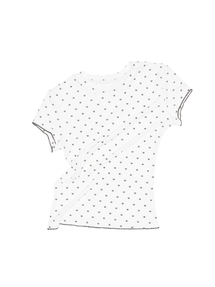 Polka Dot Cat Paw Round Neck T-shirt