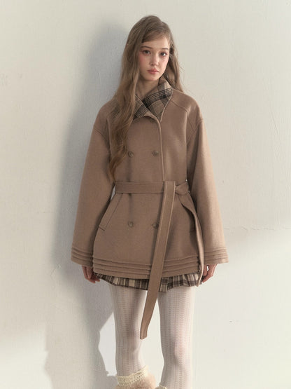 Khaki &amp; Misty Pink Plaid Collar &amp; Belt  Wool Coat